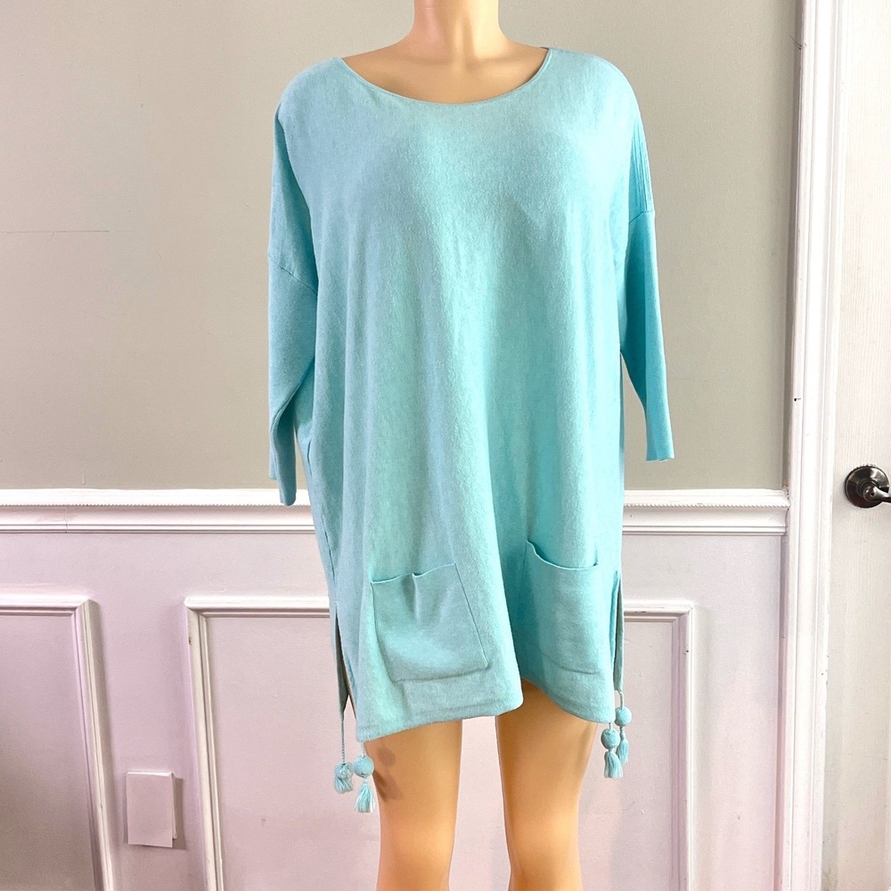 Lilly Pulitzer Tunic Top Womens Medium Tassel Side Slit Aqua Blue Coastal
